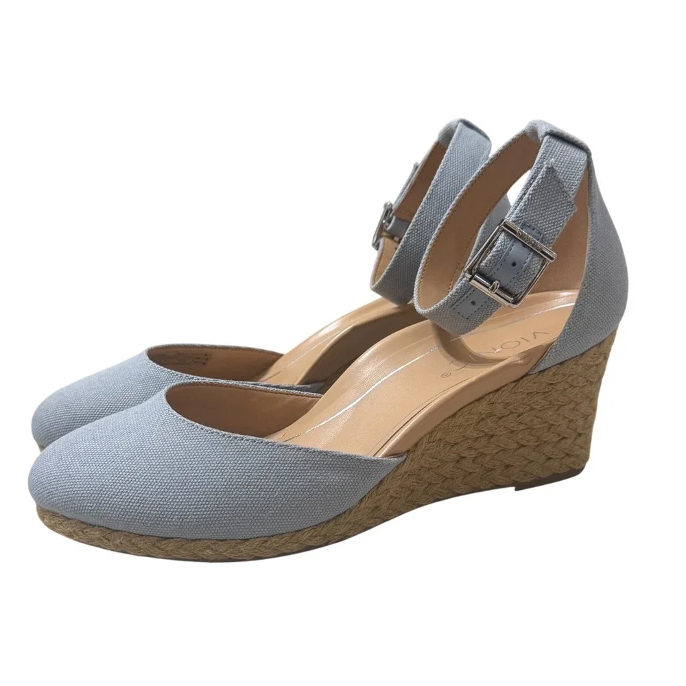 Vionic Amy Wedge Espadrille Sandals 9 Wide Sky Blue Excellent Canvas Buckle